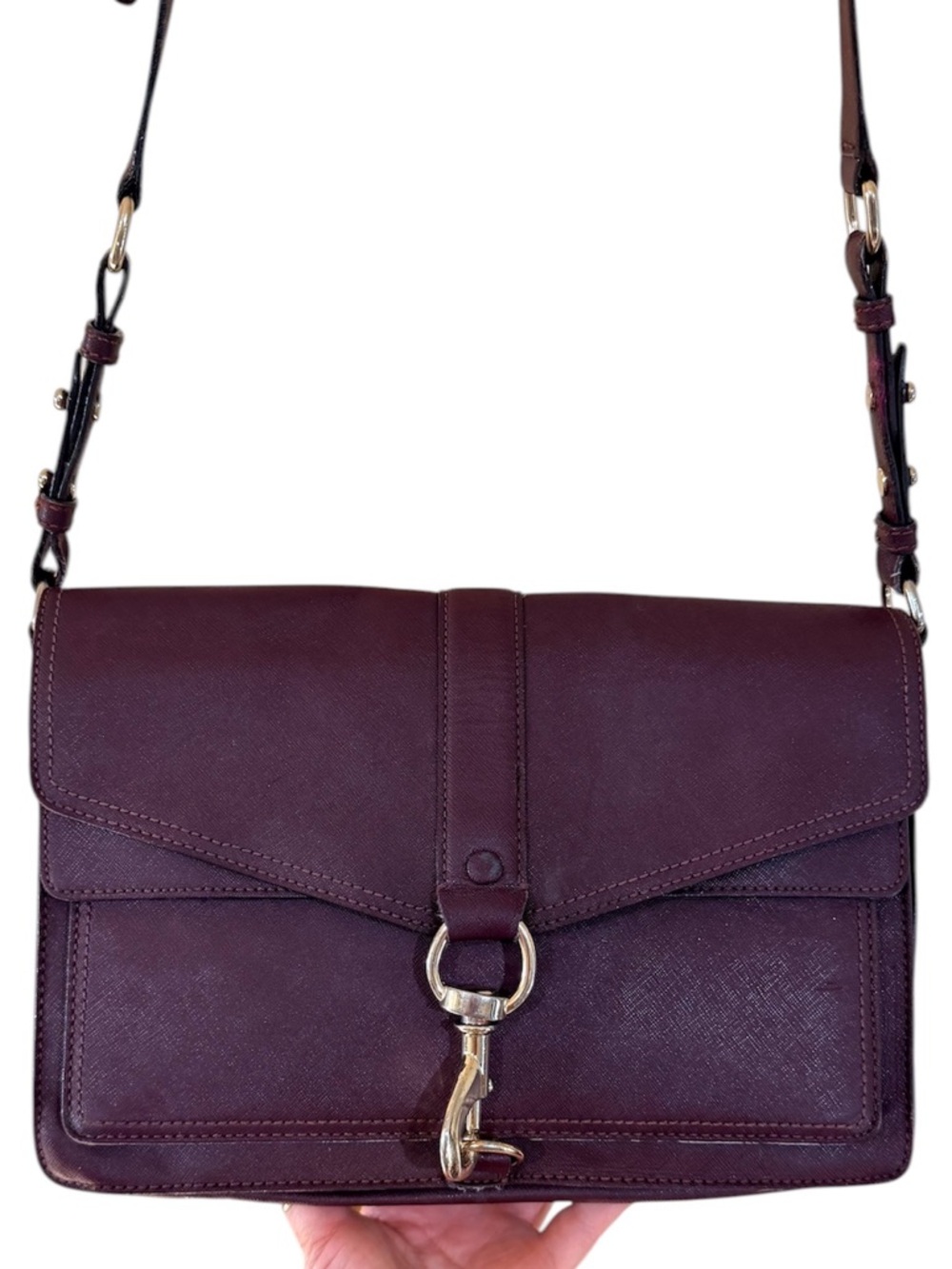 Rebecca Minkoff Hudson Moto Crossbody Burgundy Leather Flap Bag Gold Hardware L